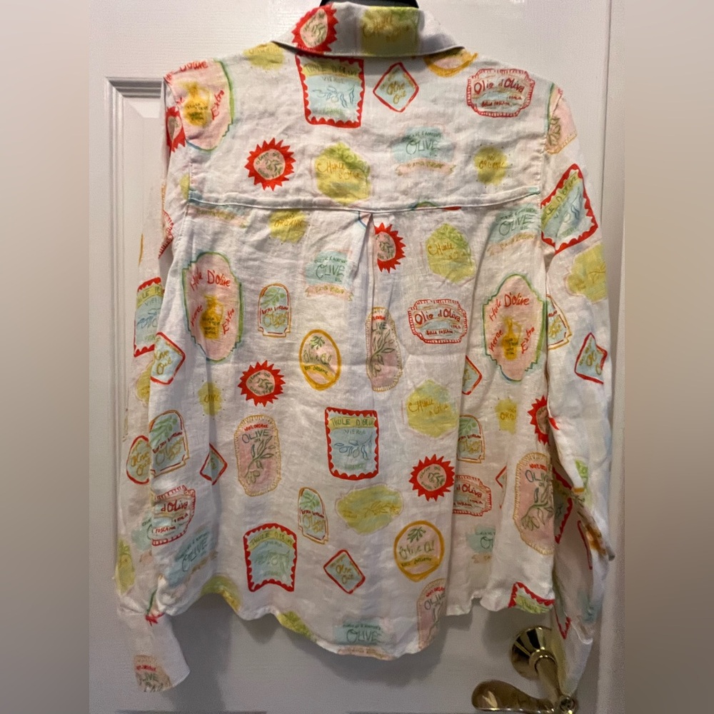 NWT Cynthia Rowley 100% Linen Olive Oil Label Print Button Down Shirt - Picture 14 of 14